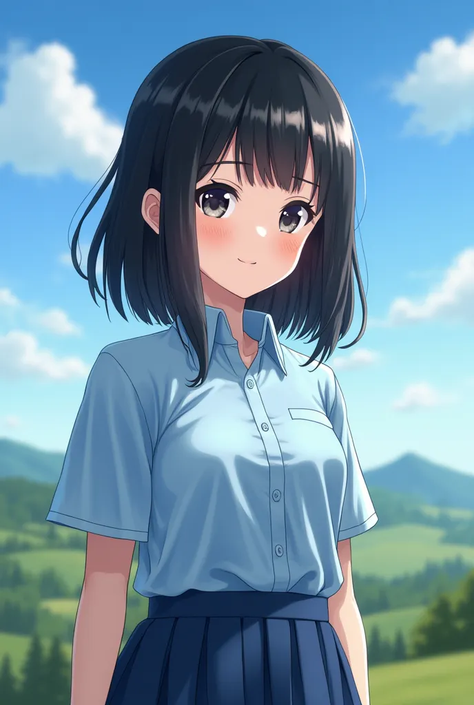 Masha in school uniform blue skirt and light blue shirt black hair with landscape background
