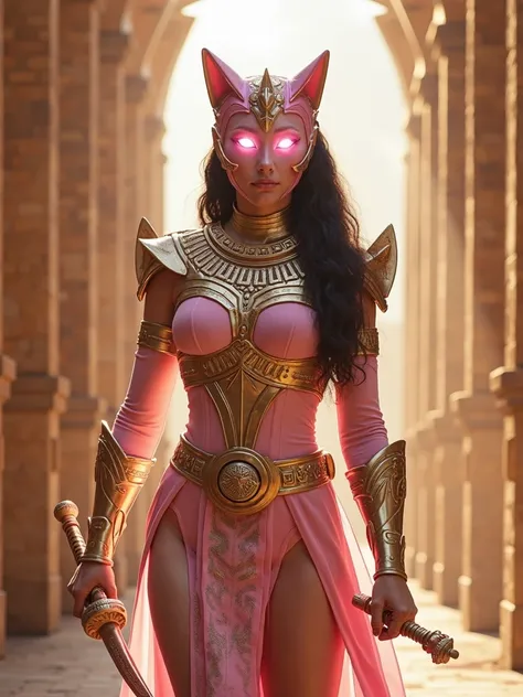  A full-body image of a Power Ranger in armor elegant rose and gold ,  inspired by the design of ancient Egypt ,  with a fierce and graceful aesthetic .  The costume must be adjusted to the body ,  emphasizing agility and strength , with elegant and sharp ...