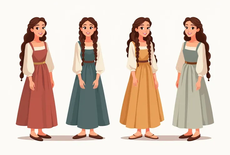 4 different woman, long braided hair, smile, wearing a long medieval peasant dress, a full body shot on a white neutral background, simple shoes, flat colors, illustration of fantasy book, pastel tones, stylized character 
