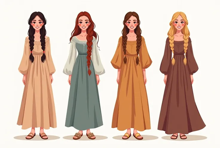 4 different woman, long braided hair, smile, wearing a long medieval peasant dress, a full body shot on a white neutral background, simple shoes, flat colors, illustration of fantasy book, pastel tones, stylized character 
