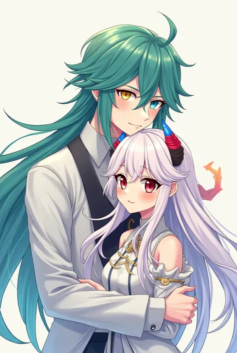 a drawing of a two person pose (one guy a one girl). The guy has teal green hair with one yellow eye and the another blue, as a ring master. The girl has long white hair with red eyes, and she has one blue horn and one red horn