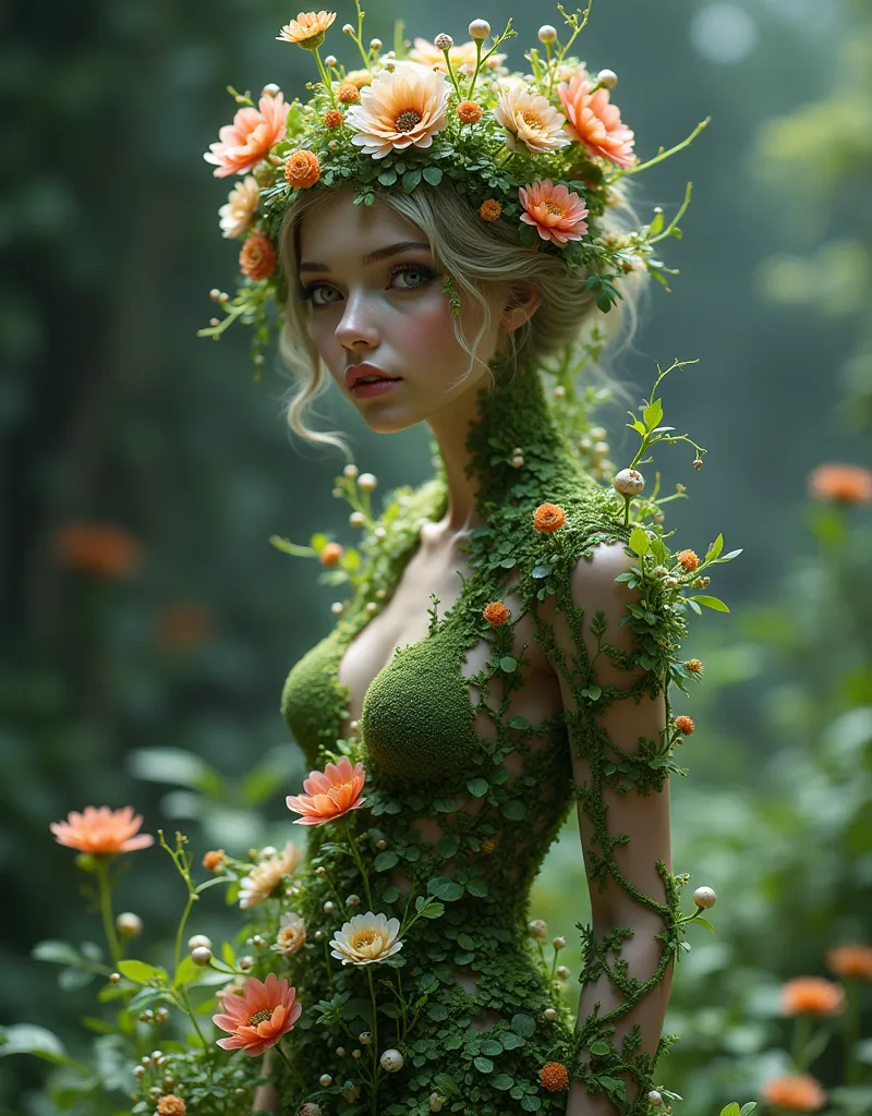 fantasy girl, created with AI ,
 covered with green-eyed plants , there's
flowers grow out of her body in full height. 