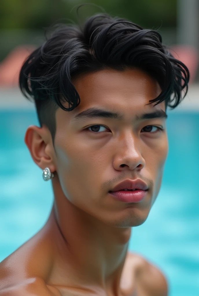 "An athletic-looking 16-year-old , with a defined body and well-toned muscles .  He has tanned skin and wears shiny earrings on his ears.  his hair is black, slightly wavy and wet ,  falling on his forehead in a stylish way . Your eyes are striking,  and h...