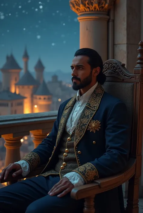 Arabian guy, tailed hair, wearing european prince suit, sitting in a wooden chair, waiting on a medieval balcony at night