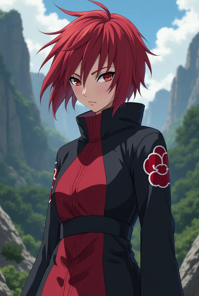 Make an image of a girl with short red hair wearing the akatsuke uniform in the anime style 
In the style of Naruto, with all details identical to the Naruto style Sem problemas!

No cute stuf