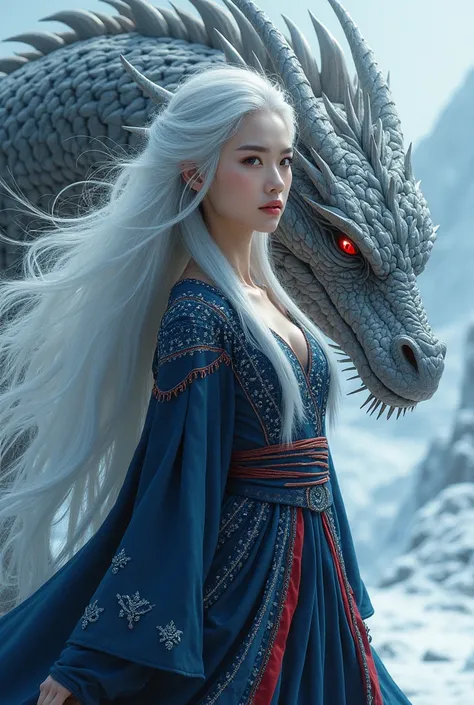  An Asian woman.  With white hair up to the waist, with a dark blue Nordic style dress with red touches, That she is accompanied by a gray dragon that spits ice