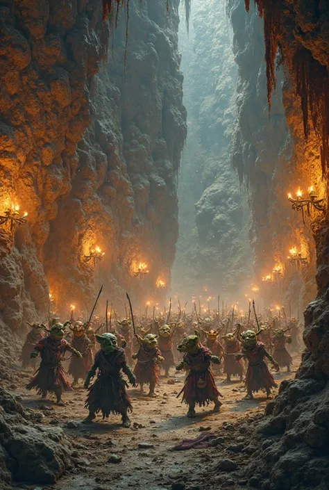  Create an image of a medieval setting inside a cave, very well illuminated by torches ,  with 15 globlins with small swords  