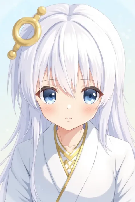 a boy,  with white hair,  Long Hair , with bangs on the face, very beautiful hair, golden hair accessory,  shiny blue eyes,  White Eyelashes ,  gentle expression ,  wearing a white kimono with gold details,  Japanese anime .