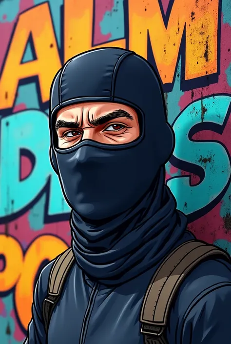 
man with balaclava on with graffiti writing hwdp
in cartoon style