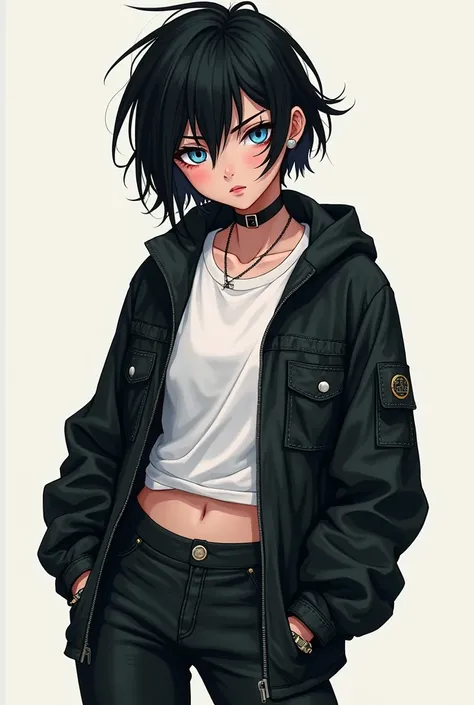  A girl with short, messy black hair,  blue eyes,With boots ,pants and a black jacket , also a white t-shirt under the jacket  