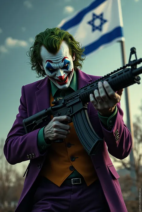 An evil-faced joker holding a rifle and an Israeli flag in the background. write “TCP” in the image