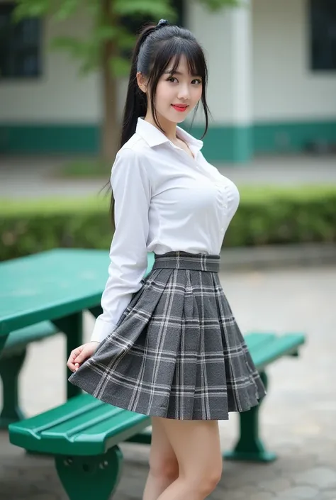  Real high quality and realistic photos of Thai women,  beautiful ((( big breast ,  big boobs , nsfw))) ,  best quality,   20 year old Thai girl in a school uniform standing near a green metal table,   she is wearing a white shirt((( big breast ,  big boob...