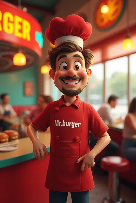 Create a hamburger restaurant character wearing cook clothes with the red uniform written Mr. Burger 