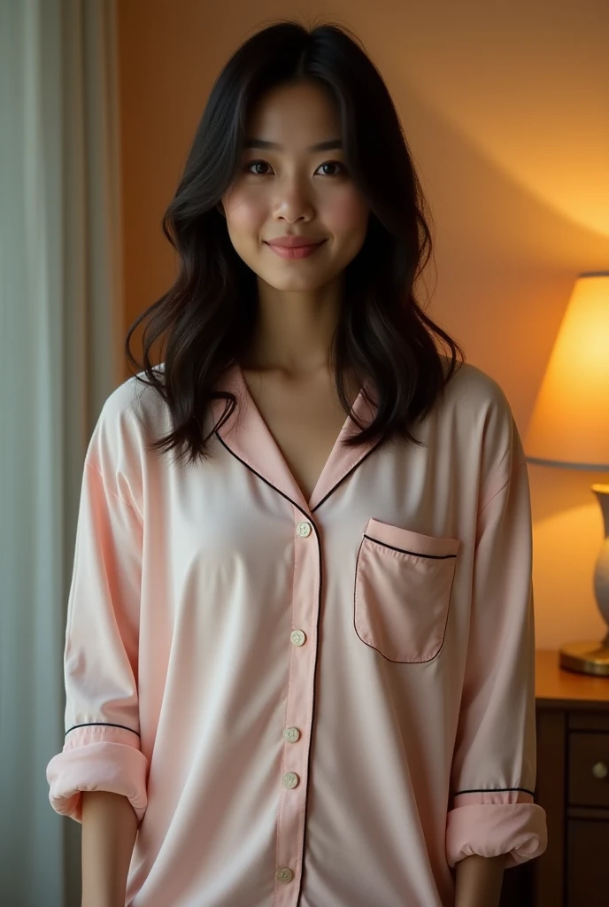 "A photograph of a 22-year-old girl, with black hair, wearing pajamas, standing in a comfortable position with her arms slightly open in front of her, warm lighting and simple background