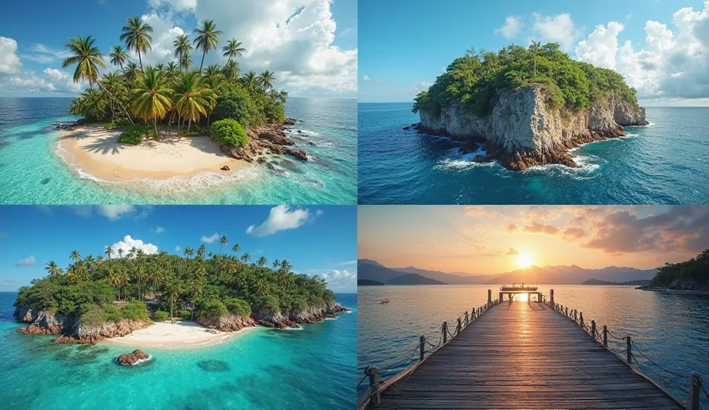 Vibrant and attractive image of four secret islands in the USA, each showcasing unique landscapes and hidden beauty. One island features a secluded tropical beach with clear turquoise waters and swaying palm trees. Another island has rugged cliffs overlook...