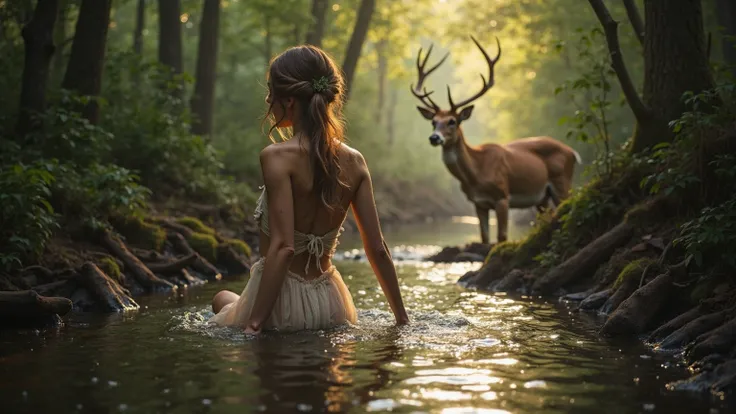 Forest bathed in soft light, semi-submerged Diane, elegant posture. Nymphs in the background, harmony between body and nature. Water flows, moving reflection. A deer observes, sacred mystery. Light drape floating, sensation of suspended grace.