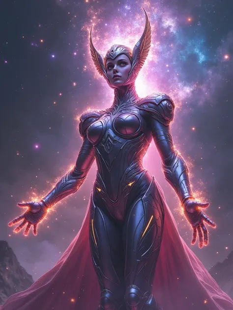 "create a,  8K image of a female version of Galactus , , the cosmic entity and devourer of worlds from Marvel Comics .  She towers over the universe with a godlike presence ,  her form exuding immense cosmic power . Her face is regal, ,  dominant features ...