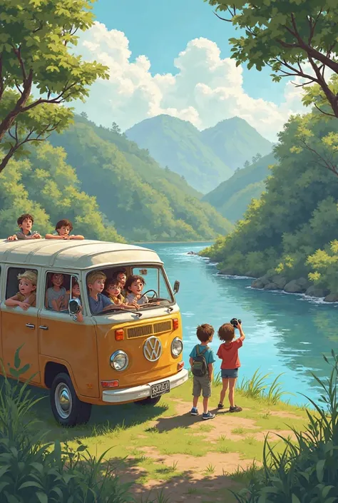 3 boys and 3 girls in a van near a river and watching the river and one of the boys taking a picture of the river