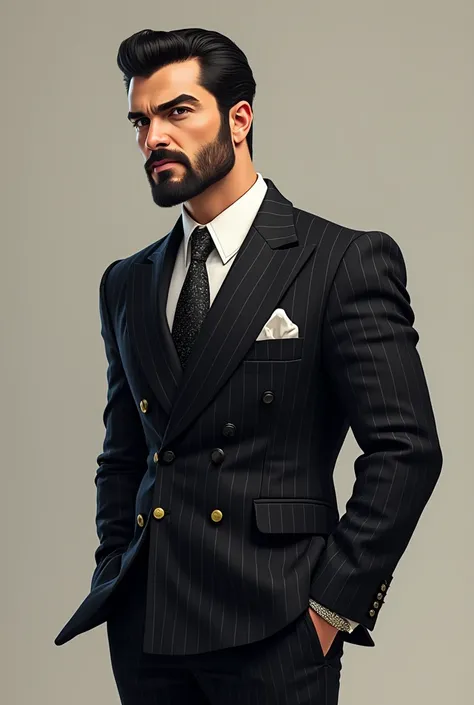 A cartoon look exudes sophistication, confidence, and authority.

The individual is dressed in a double-breasted black pinstripe suit, giving him a classic and elegant appearance. The suit is impeccably tailored, complementing his physique. Underneath, he ...