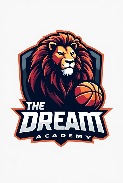 Logo for a basketball team named “the dream sport academy “ with a lion and a basket ball and the name of the team 