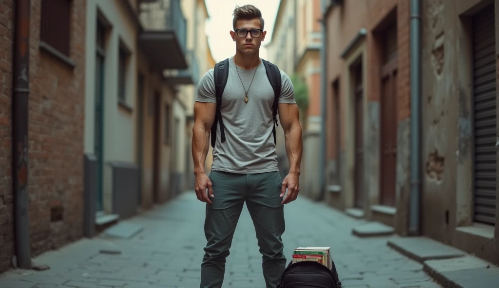 A full body image of a teenage boy with Herculean physique, big biceps, chiseled torso, stands confidently in his sneakers, His glasses remain on his nose, but his eyes have an intense focus. he is fully dressed in trendy expensive modern slim-fit clothes,...