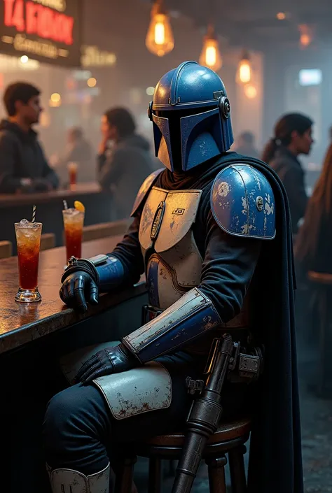 A Mandalorian from Swtor sitting in a bar, with a gun and with blue and white armor 