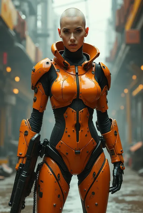 Create a model of a heroine, an imposing female character wears a cyborg costume, orange costume, futuristic setting, our heroine wears bald hair, uses a gun