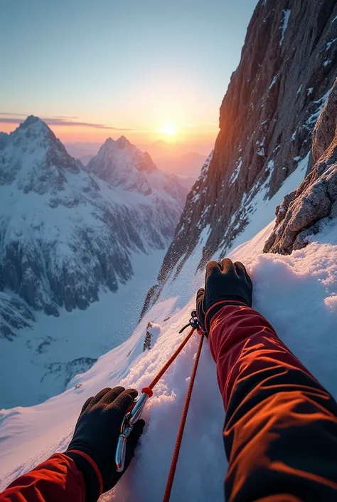 "A first-person perspective (POV) of a climber scaling a rugged, snow-covered mountain. The climber's gloved hands grip onto an icy rock face, with a carabiner and rope attached to their harness for safety. The sun is setting in the distance, casting a gol...