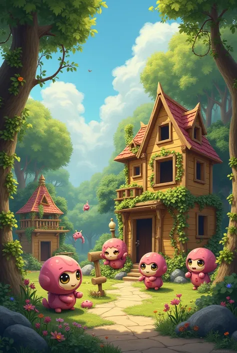 Cute and colorful creatures building their beautiful village in a fairytale forest