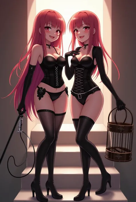 Two anime girl standing together on step laughing and looking at viewer eyes open, latex corset, elbow high latex gloves, thigh high heel latex boots, holding whip in hand, chastity cage in other hand