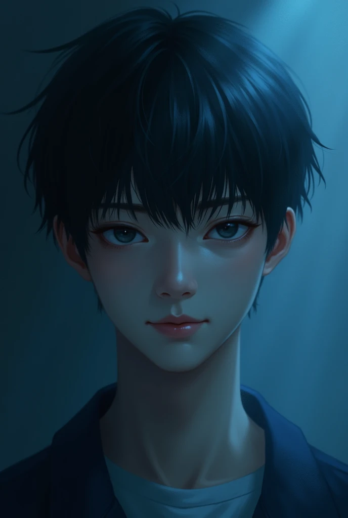  17-year-old straight black-haired boy , slightly tired look , with a gentle smile aura of bluish darkness