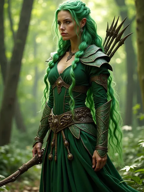  Enchanting Forest Warrior :  A fascinating elven warrior with long ,  emerald green hair braided with vines .  She wears leaf-like armor that shines under the dappled sunlight of an enchanted forest.  Her beauty is supernatural , and her bow ,  carved fro...