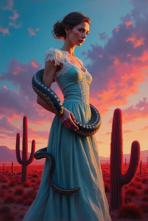 A surreal oil painting featuring a woman in a long, fitted vintage dress with a delicate white lace collar. She stands in a desert landscape with striking red cacti, creating a dramatic and mysterious atmosphere. A large snake elegantly wraps around her ar...