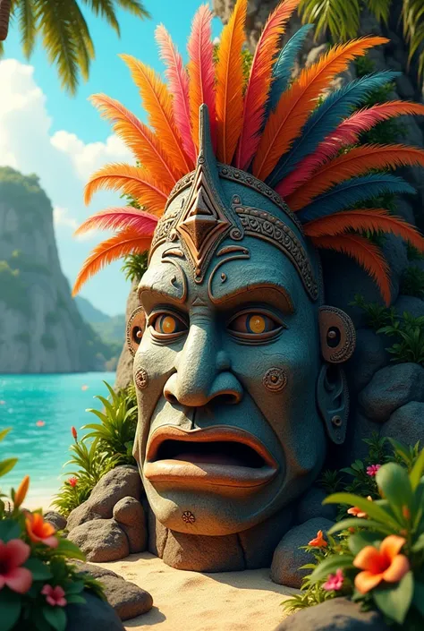  Disney-inspired 3D poster/Pixar capturing a scene of an indigenous rock mask wearing a feather crown set against the background of an island 