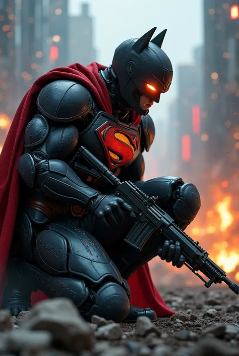 Superman y Batman en arte de lego, nocheA futuristic soldier in advanced exoskeleton armor crouches behind debris in a dystopian battlefield. The armor is sleek and form-fitting, with glowing red energy lines coursing through its dark, battle-worn plating....