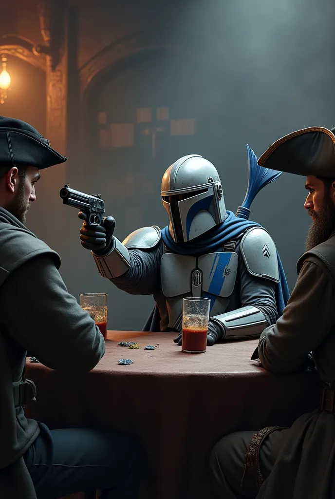 A Mandalorian from Star Wars the Old Republic in light armor with blue and white touches sitting in a bar pointing his gun at a pirate wearing a pirate hat 