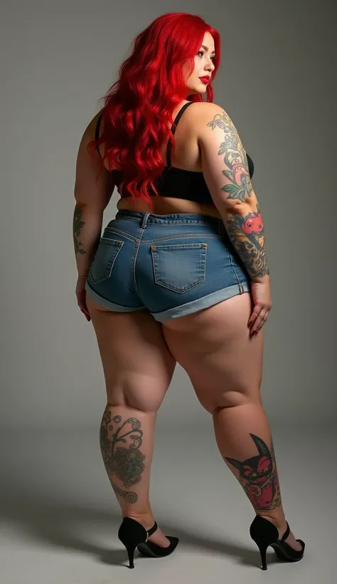 Sexy big ass BBW Red hair girl with pokemon tattoos full body shot, jeans shorts, ((take it from behind)