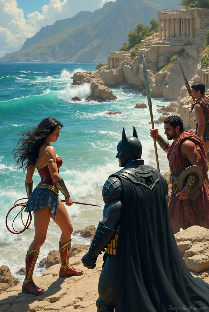 superfine painterly, in the style of john waterhouse painting. wonderwoman and batman fight with greek warriors on a rocky ancient greek shoreline.