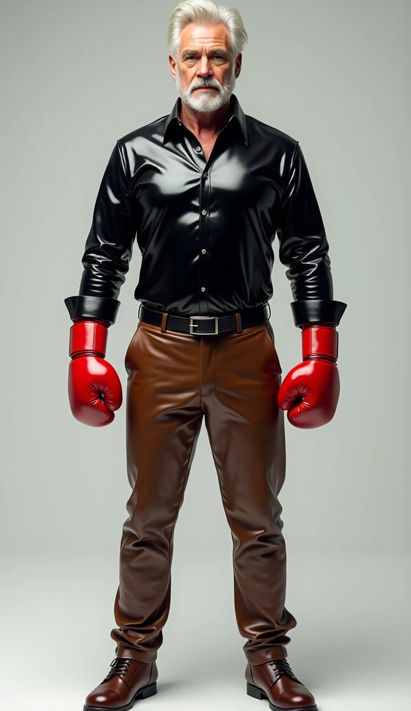 White middle aged dad wearing brown leather plants, tight black shiny latex shirt, black belt, shiny brown leather shoes, and shiny red boxing gloves