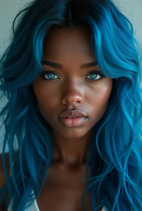  a black woman , blue hair,  blue eyes 