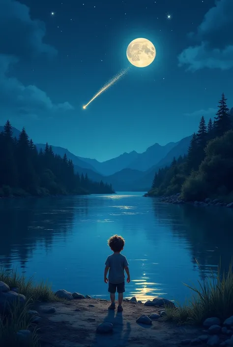 A night scene by a gently flowing river under a moonlit sky. A shooting star streaks across the heavens, its glow reflecting on the water. In the foreground, a curious young boy follows the luminous trail, evoking a sense of adventure and magic. »