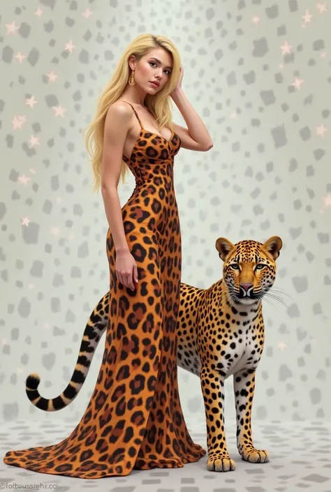 The image is a digital painting of a woman and a leopard. The woman is wearing a long, flowing dress with a leopardskin print in shades of orange, black, and white. She has long blonde hair and is posing with one hand on her hip and the other hand resting ...