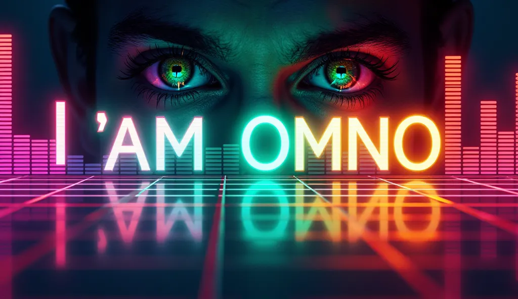 Create a spectacular and ultra-realistic image of a vibrant spectrum analyzer powered by funk music, its lights dancing in rhythm to the funky beats. The colorful bars of the spectrum analyzer form the word "I'AM OMNO" in bold, dynamic typography. Each let...