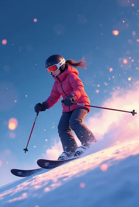 you　 You are a professional illustrator 　Slopes　Ski　 torches 　Skiウェアー　 japanese woman　Powder Snow　 illumination　Colourful and vivid light　右上から左下に滑るSkiヤー　Please draw a 3D-style animation with the above images