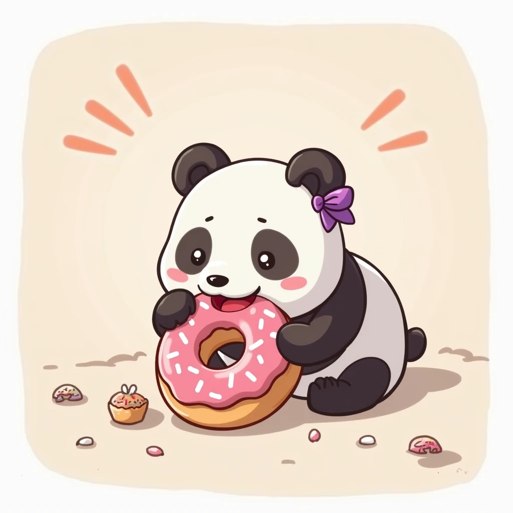 A donut being eaten by a panda, The panda has a purple ribbon on one ear, that it is a 2d drawing, simple