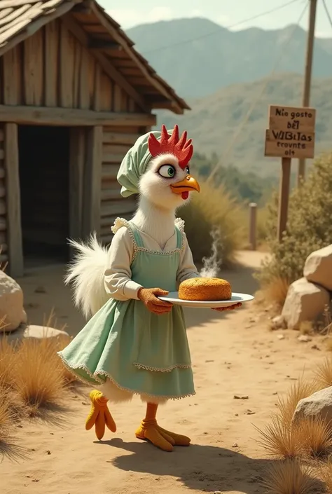 "A realistic white anthropomorphic chicken wearing a rustic pale green cotton dress, a simple white apron, and a delicate headscarf walks toward an old wooden house on a dry, rocky mountain path. She carries a small plate with a freshly baked corn cake, st...