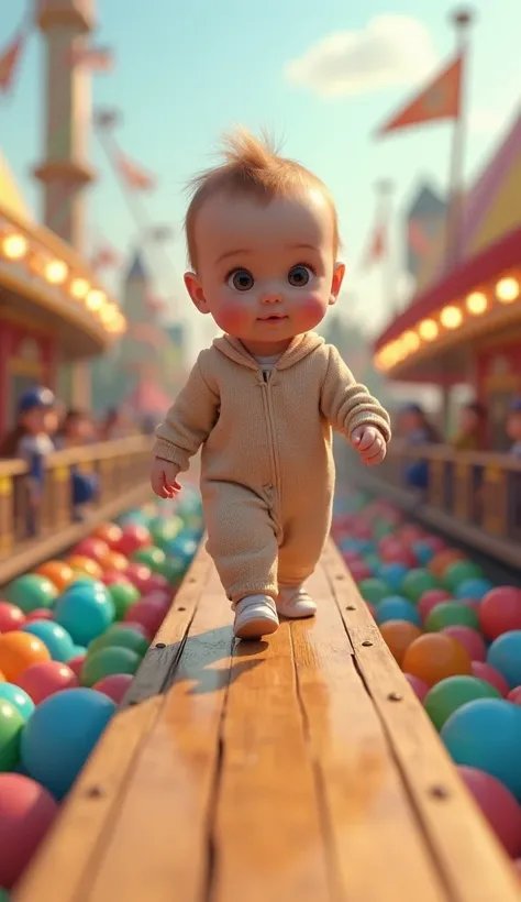 A realistic baby walking on top of a straight plank,  with a ball pool below , all in an amusement park . 