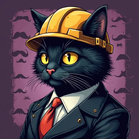 Vintage-style illustration of a black cat with yellow eyes, wearing a civil engineer’s hard hat and a tie. The cat has sleek fur and a confident, authoritative posture. The background includes purple tones and a gamer aesthetic, with a retro barbershop fee...