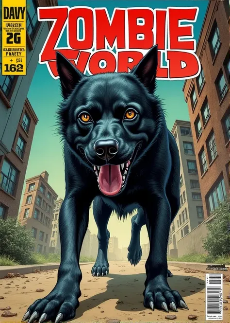 Create a comic cover for a fictional Zombie World featuring a prominent black dog trying to get away from them using magazines from the 1970s as inspiration.