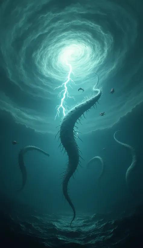 Multiple aquatic tornadoes spinning wildly around a solitary oarfish floating eerily in the center of the chaos. The funnel clouds of water spiral upward into the sky, carrying debris and small fish aloft in their wake. Lightning strikes intermittently bet...